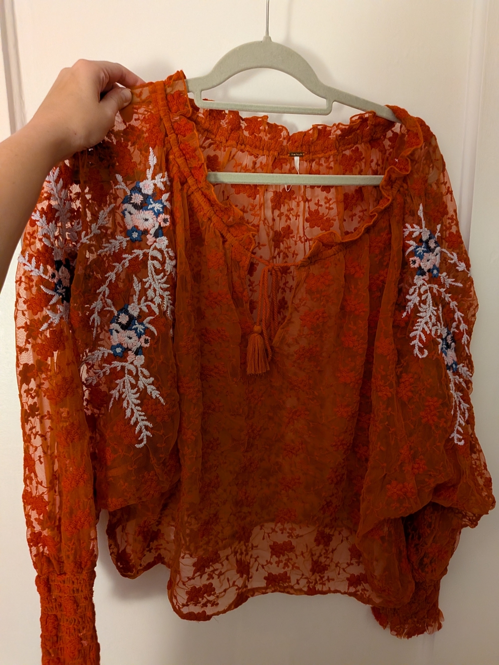 Free People Burnt Orange Sheer Embroidered Peasant Blouse